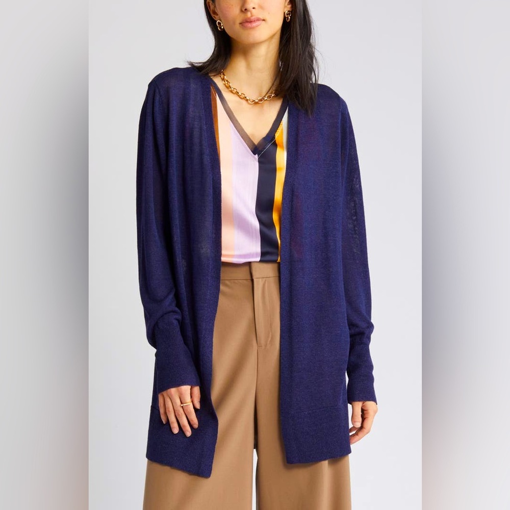 Halogen Navy Blue Linen‎ Blend Longline Duster Open Cardigan in Size Large